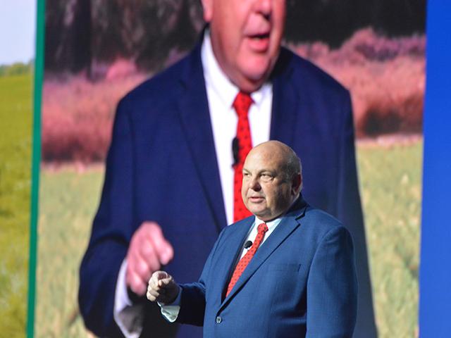 Zippy Duvall, president of the American Farm Bureau Federation, speaks in 2025 at the AFBF annual meeting in Anaheim, California. He's now calling on Trump to reverse beef imports after collecting data for 23 days. (DTN file photo by Chris Clayton)